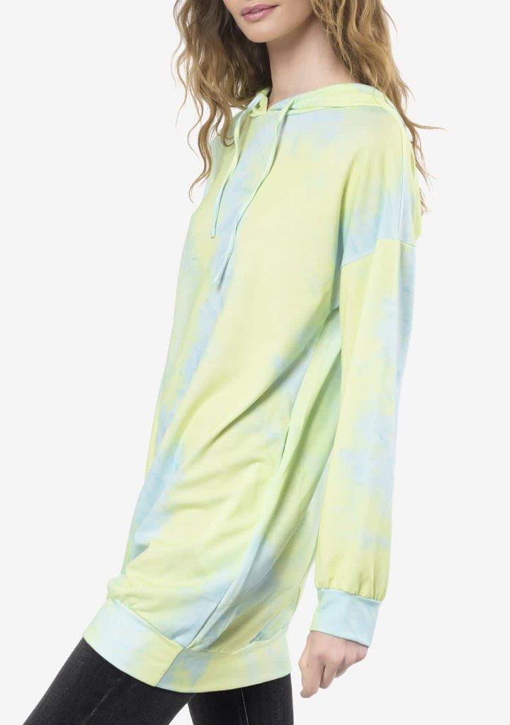 Sudadera-Vestido Tie-Dye Verde Limon, Manga Larga, Con Gorra Y Cordon, 95%Polyester  5%Spandex