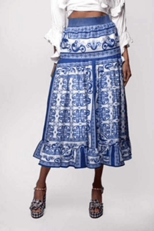 Falda Larga Blanca Con Azul, Olan Abajo Y Resorte En Cintura.100%Polyester